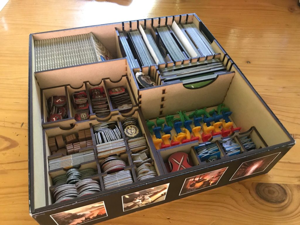 Photo of the board game box of 7 Wonders, with a custom insert that fits all the components from all expansions inside.