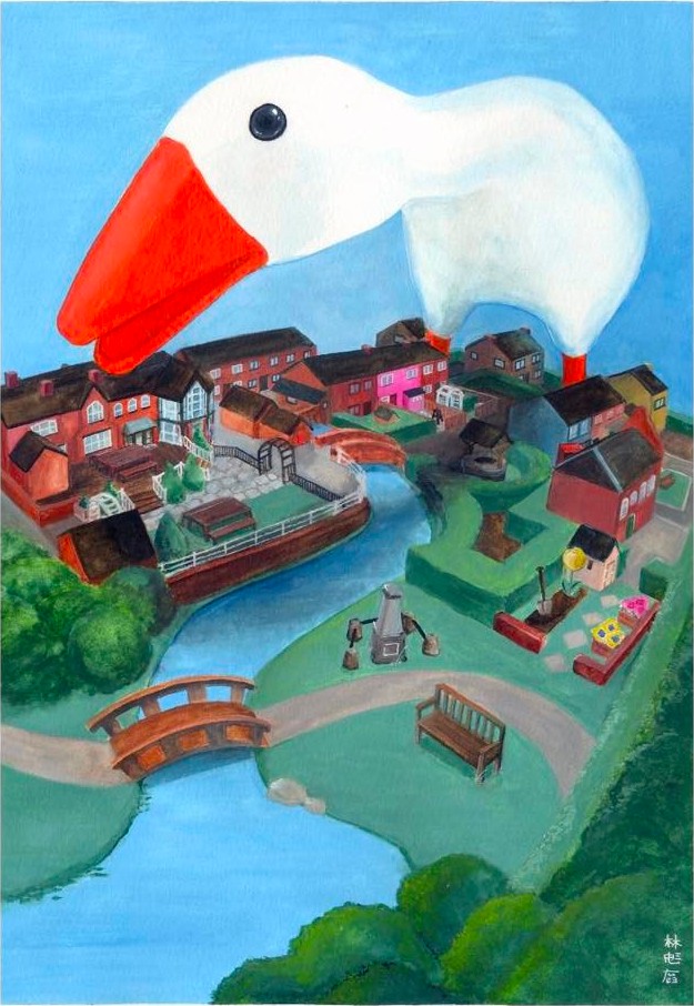 Gouache painting of a giant goose looming over a quaint village